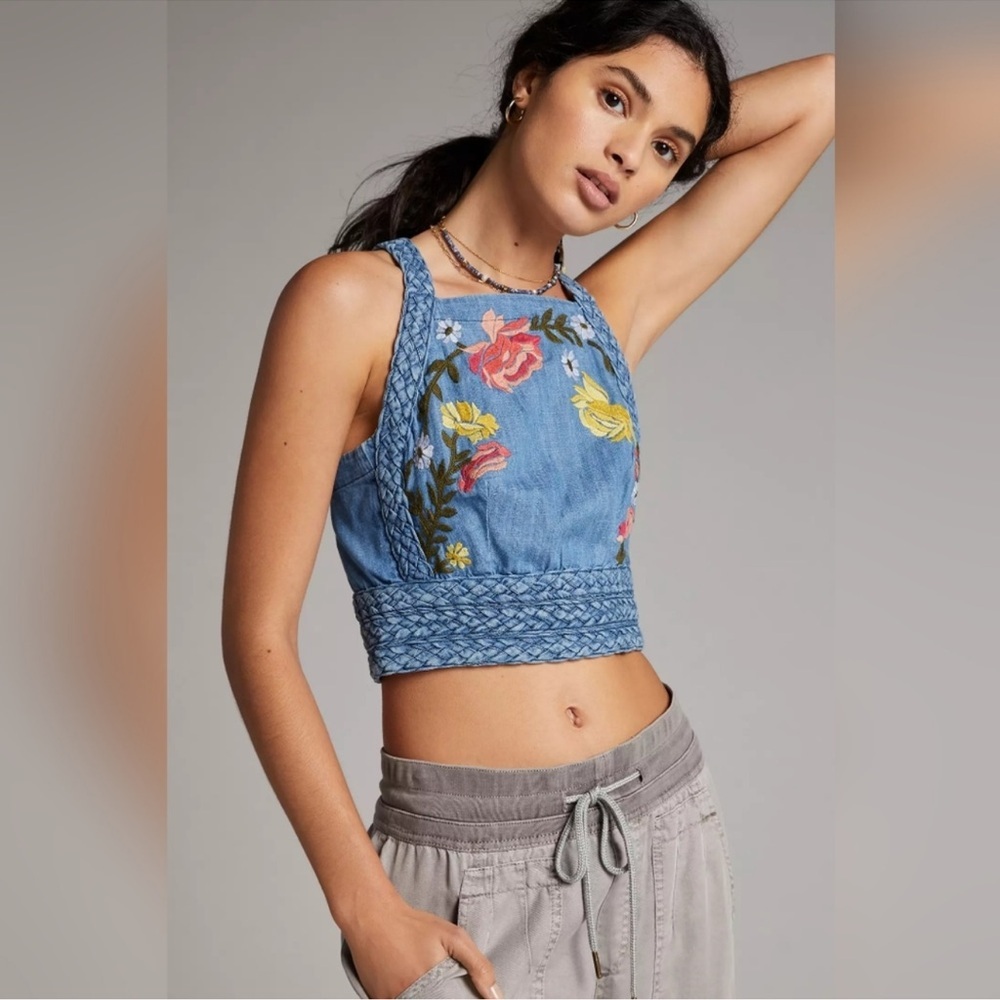 Pilcro Denim Tank with Floral Embroidery